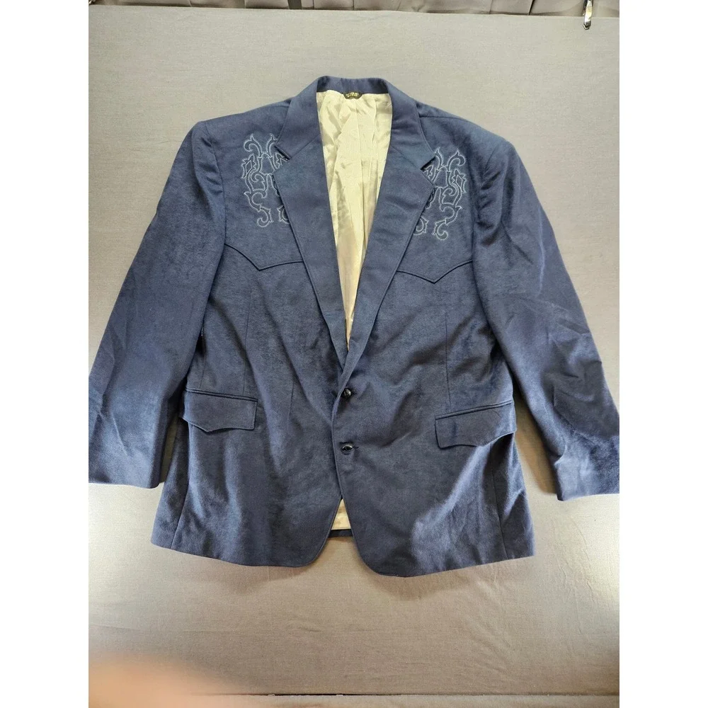 Pagano West Mens Western Blazer Navy Blue Embroidered Yoke Sport Coat USA Made